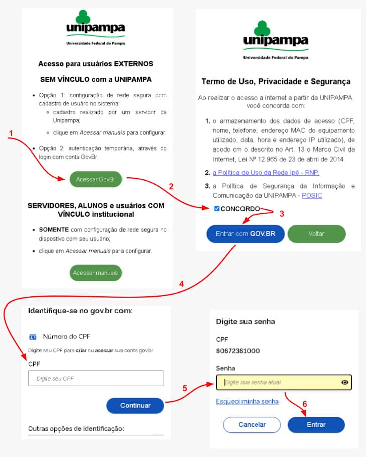 Passo a passo de acesso à rede Wi-Fi de visitantes da Unipampa via login com conta gov.br
